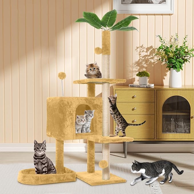 52in Multi-Level Cat Tower with Sisal Scratching Posts, Hidden Cave & Perch Platform, Large Cat Condo for 1-3 Cats, Eco-Friendly Pet Furniture with Realistic Leaves, Beige