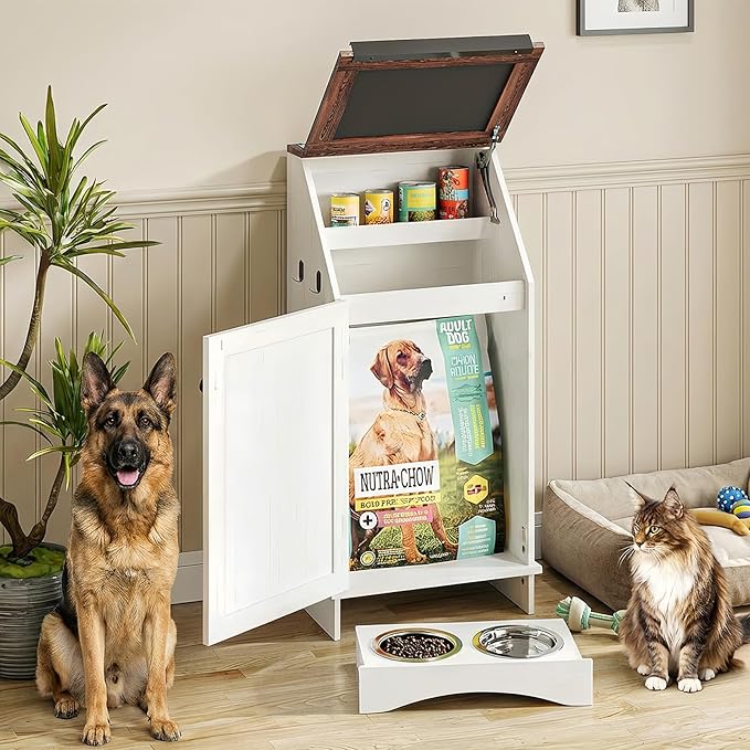 Dog Food Feeding Station with Storage, Pet Food Storage Cabinet with Bowls and Flip-Top Blackboard, Hidden Trash Can, Pet Organizer Cabinet for Dog and Cat, White