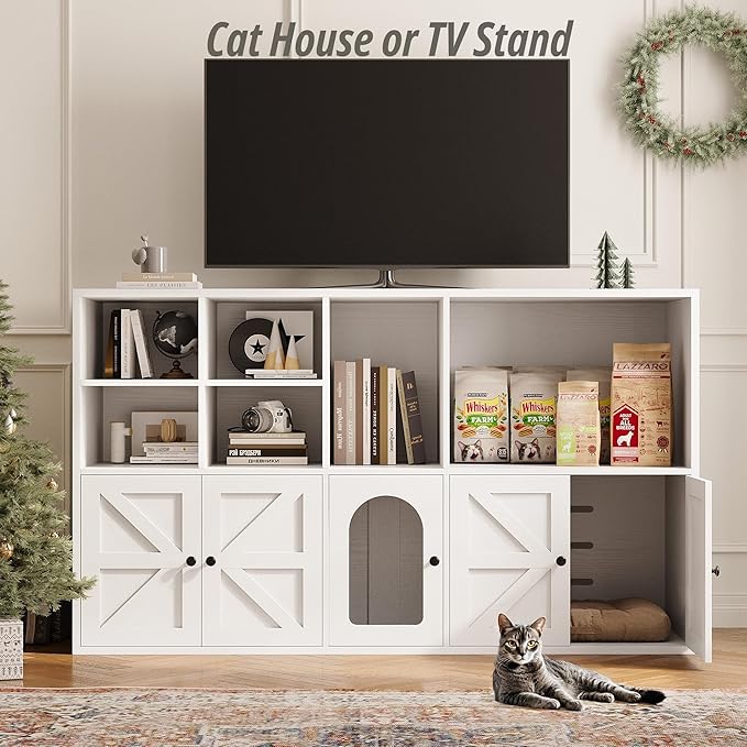 IRONCK Cat Litter Box Enclosure for 2 Cats, Litter Box Furniture Hidden with Double Room and Large Storage Space, Wooden Washroom Furniture, Cat House, White