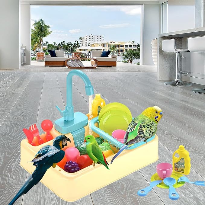 Parrot Bird Bathtub Shower Box Bathing Tub Container Cage, Automatic Pet Bird Bath with Faucet, Ferret Bathtub Swimming Pool Bath Shower Water Dispenser for Small Medium Parakeet Cleaning (Yellow)