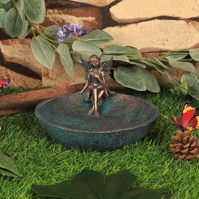 JUNIQUTE Vintage Angels Statue Bird Feeder, Fairy Garden Bird Bath for Outside, Resin Bath Bowl Outdoors (Bronze)