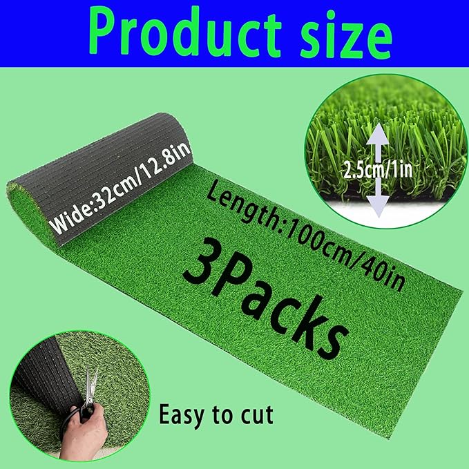 Artificial Grass，3 Rolls 12.8 x 40x1in,Rug Realistic Indoor Outdoor Rug for Dogs, with Drain Holes, Fake Grass Dog Pet Turf Mat for Garden Lawn Landscape Patios.