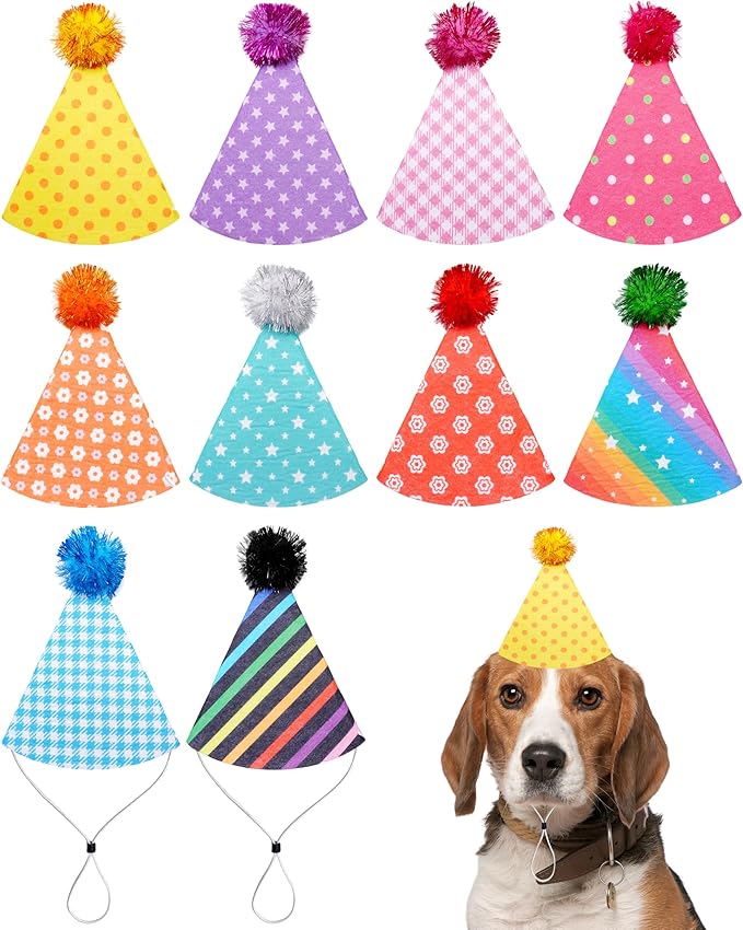 PET SHOW 10 Pack Small Party Hats for Medium Dogs Birthday Stuffed Animals Puppy Adjustable Headband Colorful Holiday Felt Hats Pet Grooming Costume Accessories