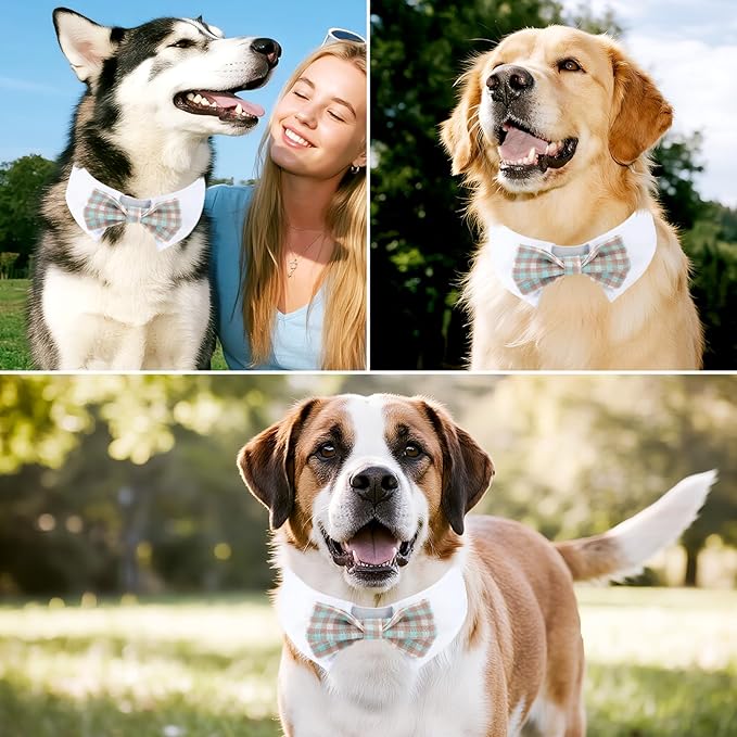 Segarty Dog Bow Tie Neck Girth 16.5-21.2in, Adjustable Blue Khaki Plaid Bowtie Collar for Extra Large Dogs, Pet Necktie Tuxedo Comfortable Cotton Grooming Accessory for Formal Wedding Holiday Birthday