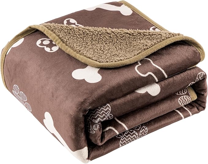 Waterproof Dog Blankets Pet Blanket 60"x80", Soft Fluffy Sofa Car Bed Protector, Reversible Sherpa Fleece Dog Blanket for Large Dogs (Chocolate Brown-Bones)