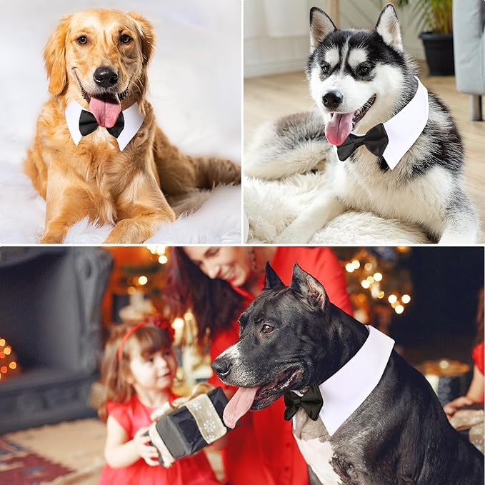 Segarty Dog Tuxedo Collar for Neck Girth 12.6-15.7in, Bow Tie Collar Black Bowtie with Handcrafted Adjustable White Formal Pet Cats Necktie Collars for Medium Large Boy Dog Wedding Grooming Birthday