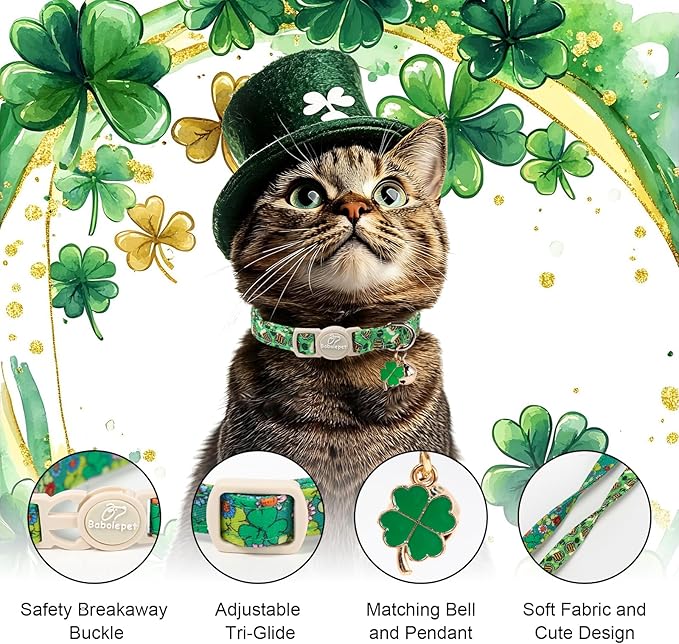 2 Pack St. Patrick’s Day Cat Collars - Breakaway Cat Collar with Bell, Green Clover Pendant, Adjustable Cute Kitten Collars for Boy Girl Cats, Beer&Flower Irish Shamrock