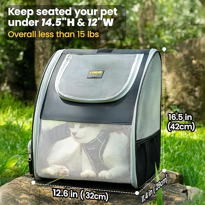 Cat Backpack Carrier for Small Dogs and Cats Fit Up to 15 Lbs,Small Dog Backpack, Foldable with 3-Side Mesh Windows, Pet Carrier for Travel & Hiking Friendly，Gray