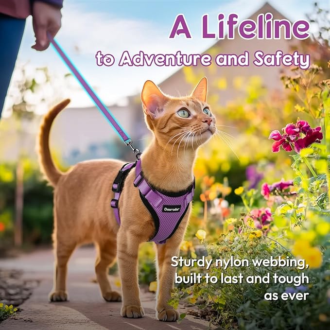 Dooradar Cat Harness and Leash Set, Escape Proof Safe Adjustable Kitten Vest Harnesses for Walking, Easy Control Soft Breathable Mesh Jacket with Reflective Strips for Cats, Purple, XXS