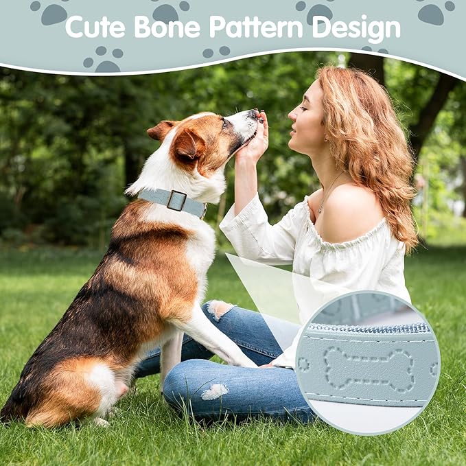 TDTOK Stylish Leather Dog Collar, Comfortable Soft PU Leather Dog Collars for Large Medium Small Dogs with Quick Metal Buckle, Adjustable Pet Collar with Cute Bone Pattern Design (Blue, L)