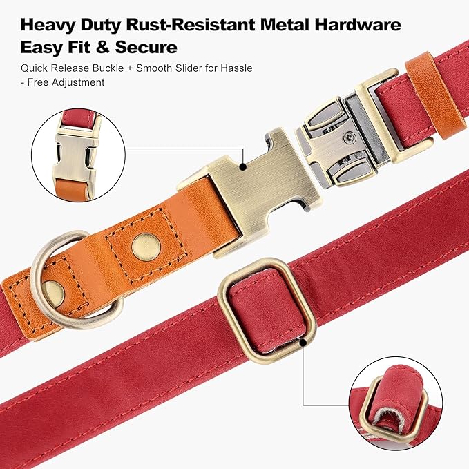Plutus Pet Genuine Leather & Hemp Dog Collar – Adjustable Heavy Duty Pet Collar with Quick Release Metal Buckle, Soft & Stylish for Puppy and Small, Medium, Large Dogs (Red, L)