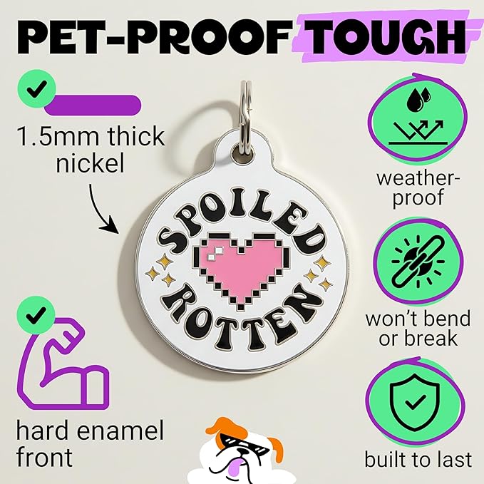Bad Tags Personalized Dog and Cat ID Tags in 25+ Designs and 2 Sizes - 5 Lines of Custom Engraved Text - Funny Cute Personalized Pet Tags (Spoiled Rotten, Small (1 inch))