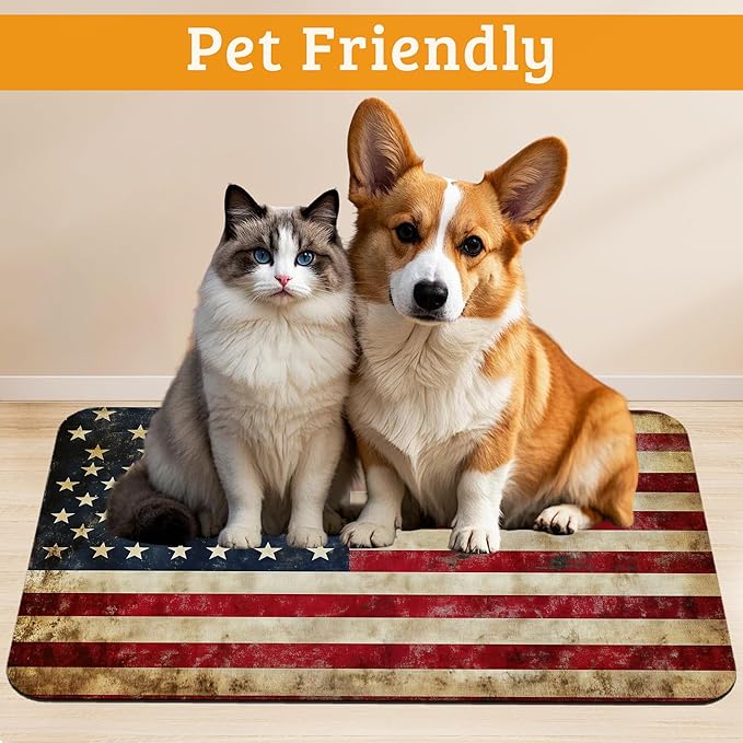 Retro Flag Dog Cat Food Mat,Absorbent Waterproof Placemat for Food and Water Non Slip Rubber Backing Durable Feeding Pad for Clean Floors 16" x 24"