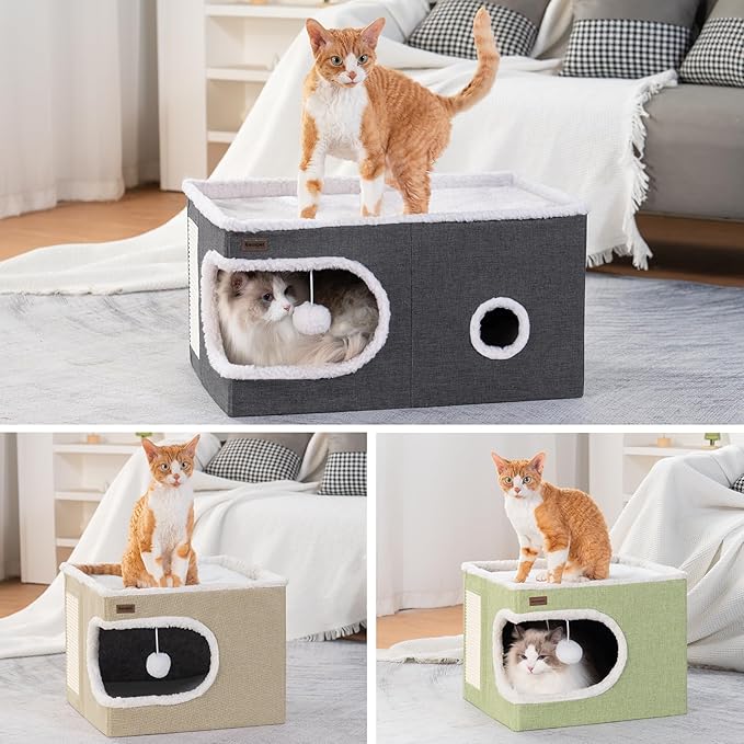 Cat Bed for Indoor Cats Cube House, Covered Cat Cave Beds & Furniture with Scratch Pad and Hideaway Tent, Cute Modern Cat Condo for Multi Small Pet Large Kitten Kitty, Large, Green