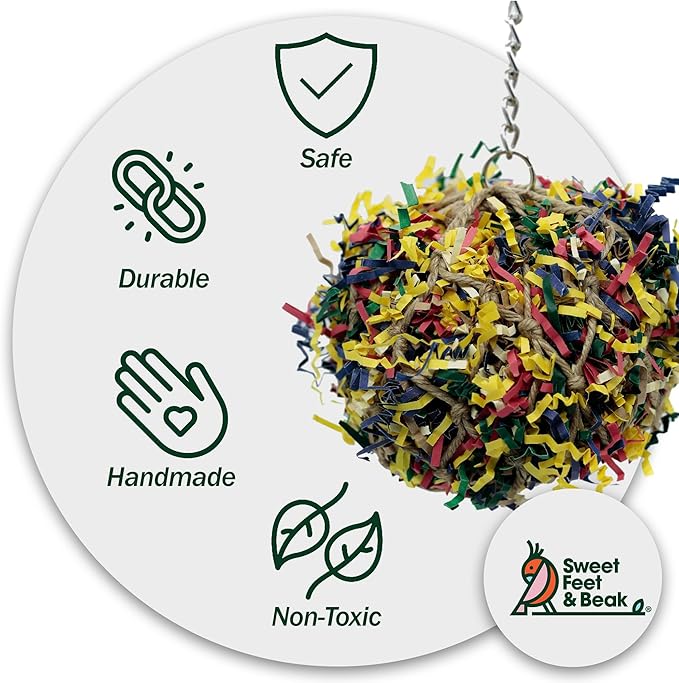 7” Super Shredder Ball Bird Toy - Fun Foraging Toys for Birds w/ Colorful Paper & Wooden Treasures - Easy to Hang Shredding Toys for Birds - Bird Shredding Toys for Cockatiels, Parrots & More