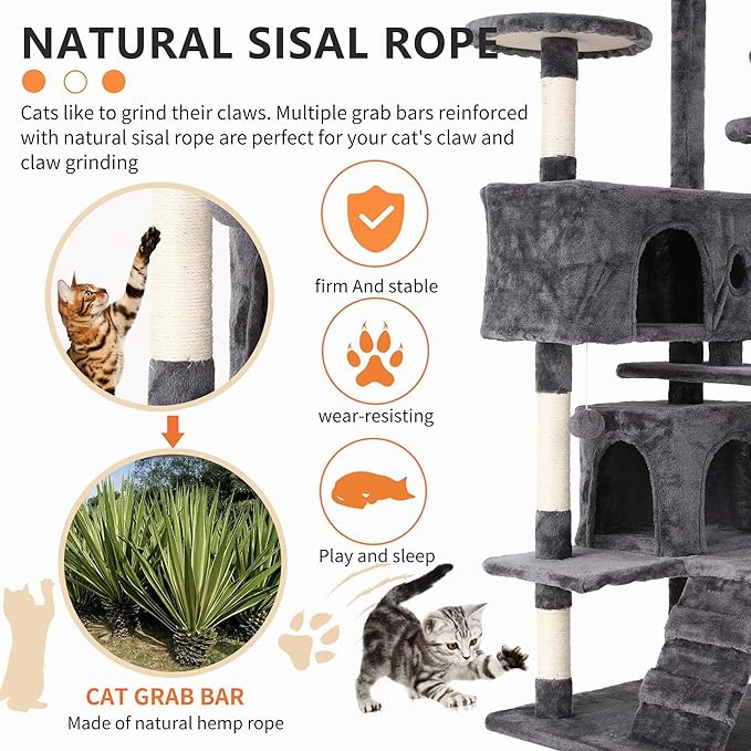 Cat Tree for Indoor Cats, Multi-Level Cat Tower with Scratching Posts & Cozy Condo, Space Saving Cat Activity Center, Durable Pet Play House (54in,Light Gray)