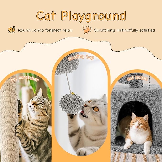 33 Inch Small Cat Tree Tower, Cat Tree with Curved Bed, Cat Tower with Scratching Post and Cozy Condo for Indoor Kittens and Cats, Grey