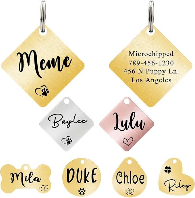 Ultra Joys Dog ID Tag, Custom Dog Tag Personalized Cat Tag, Pet ID Tag, Brushed Stainless Steel Diamond Dog Tag Gold Medium