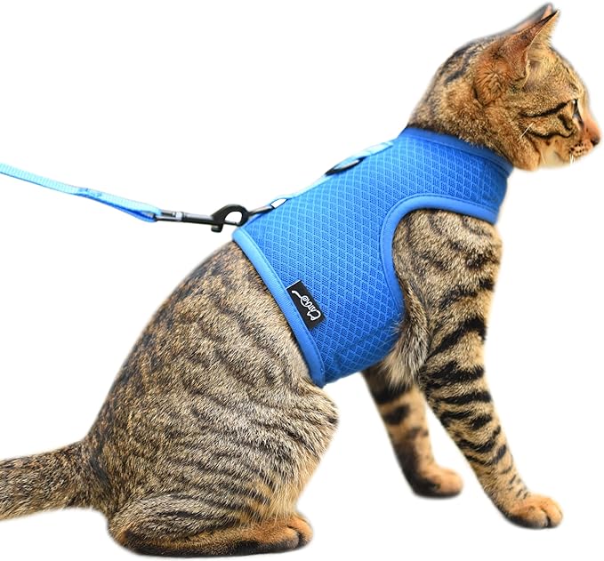 Cat Harness and Leash for Walking Escape Proof Breathable Mesh Fabric, Solid Blue, Extra Large, Adjustable Cat Walking Jackets, Padded Stylish Cat Vest