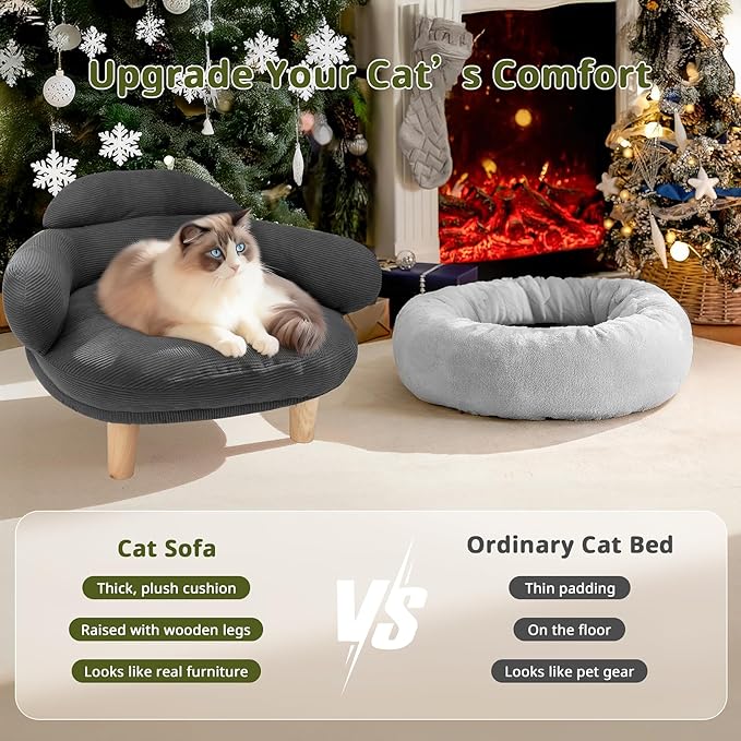 Cat Sofa Furniture-Style Pet Bed with Removable Cotton Velvet Cover, Solid Pine Wood Legs, for Cats and Small Dogs, Gray