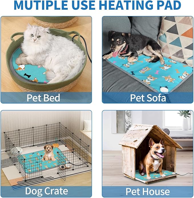 Cat Heating Pad,22x18 in Heated Cat Bed,Adjustable Thermostat+Constant On Function,with Metal Protective Tube Waterproof Puppy Heating Pad - Blue