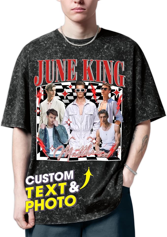 H-DEWALL Custom T Shirts Mineral Wash Tshirt Bootleg Rap Tee Customized Gifts for Boyfriend Birthday Shirts Tops for Women