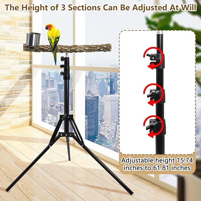 kathson 28-60inches Height Adjustable Bird Perch, Pepperwood Parrot Perch Stand with Feeding Cup, Multi-Purpose Bird Perches for Indoor and Outdoor Use, Designed for Small Medium Birds (3 PCS)