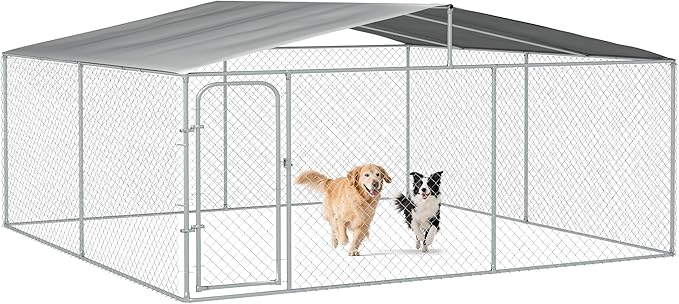PawHut Outdoor Dog Kennel, Heavy Duty Dog Run Outdoor Fence with Waterproof Cover, Galvanized Chain Link, Secure Lock, for Large Breeds, Chickens, Ducks, 15' x 15' x 7.5'
