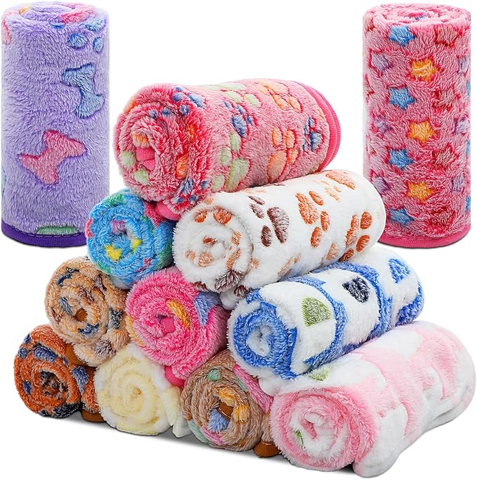 Tatuo 12 Pieces Puppy Blanket Warm Dog Cat Sleep Mat Pet Kitten Doggy Fleece Blankets with Cute Dog Paw Bone Star Elephant Patterns Printed Fluffy Blanket for Small Cat Puppy (30 x 20 Inch)