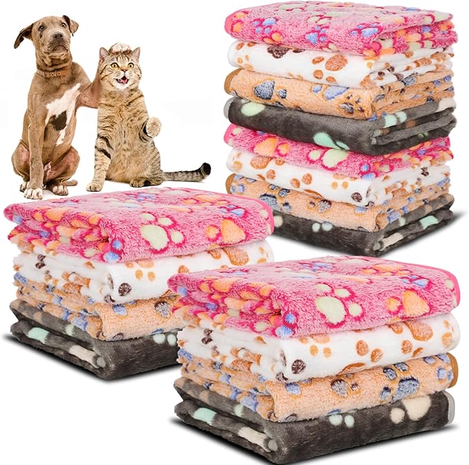 12 Pcs Small Dog Blanket Fleece Puppy Blankets Washable Pet Blankets for Cats Soft Flannel Paw Printed Throw for Guinea Pig Indoor Kittens Doggie (23 X 16 Inch, White, Dark Gray, Pink, Camel)