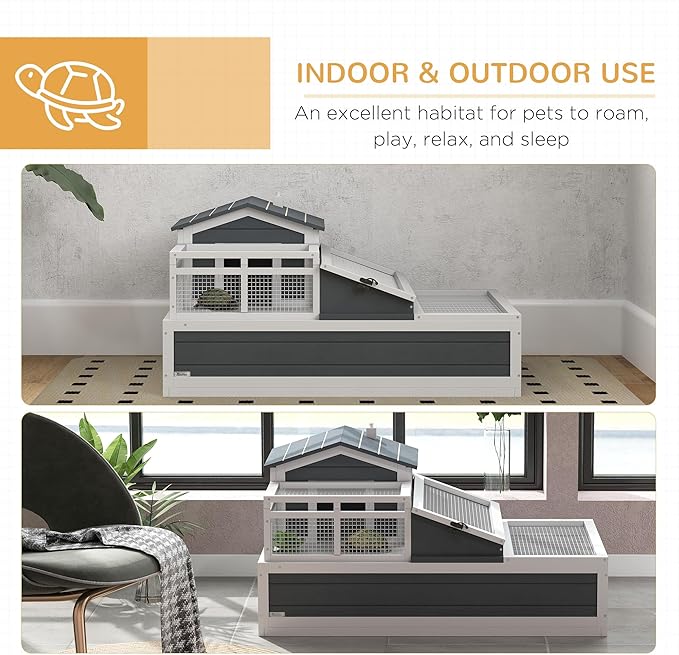 PawHut 3- Room Tortoise House Habitat with Balcony & 2 Stories, Indoor/Outdoor Wooden Tortoise Enclosure with Ladder, Tray, Openable Roof, Large Reptile Cage, 44" x 25.5" x 23", Gray