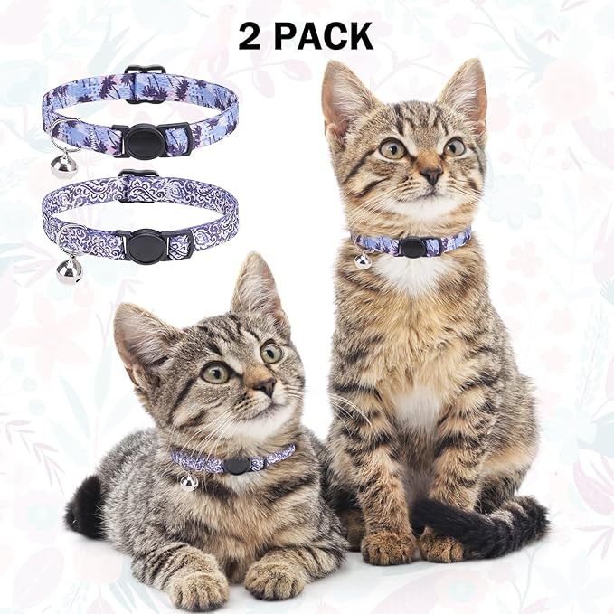 Breakaway Cat Collars for Girl Boy Cats, Spring Summer All Weather Cat Collar Personalized Pattern 2 Pack,Cute Classic Safety Buckles and Bells,Adjustable Printed Nylon Colorful Kitten Collar