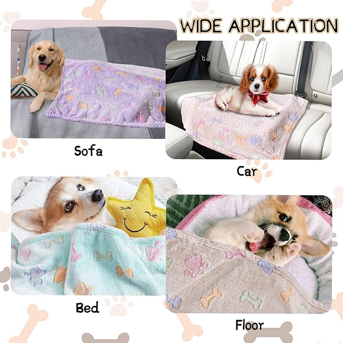 Rezutan Dog Blankets for 3 Pack Medium Blanket Cat Soft Fuzzy Blankets Washable,Soft Comfort Flannel,Pet Blanket,Reversible Dog Paw Print,30 x 20 inch,Purple/Green/Brown