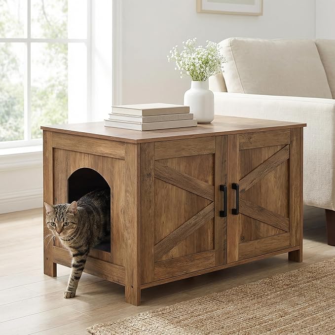 Homhedy Cat Litter Box Enclosure, Wooden Cat Washroom Furniture with Barn Door, Pet House, Fit Most of Litter Box, Rustic Walnut