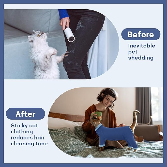 PUMYPOREITY Cat Recovery Suit, Stops Wound Licking After Surgery, Sticky Hair Shirt with Sticky Fabric, Cat Pajamas Prevents Over-Grooming, Blue, S