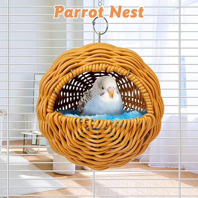BNOSDM Rattan Bird Nest Parrot Nesting House Parakeet Hanging Swing Soft Lovebird Warm Bed Sleeping for Parrots Bird Cage Accessories for Cockatiels Budgerigars Finches Canaries (G-Hole Style)