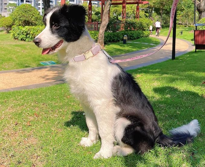 Soft Cotton Hemp Dog Collar with Metal Buckle Adjustable Tweed Dog Collars for Female Small Medium Large Dogs(Pink,Small)