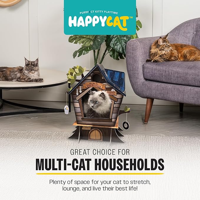 HappyCat Tree House Cat Scratcher House - Natural-Themed Cardboard Cat Playhouse, Scratch Panels, Spacious Interior & Scratch Surfaces - Sturdy Indoor Cat Activity Center