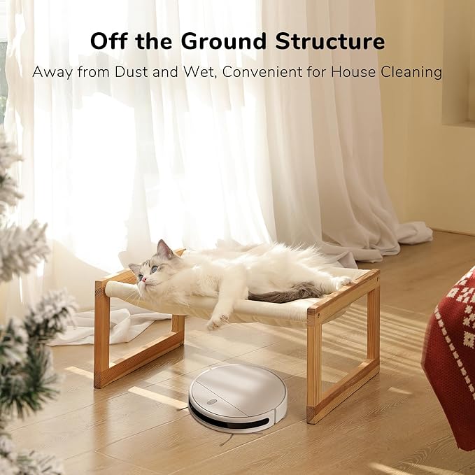 FUKUMARU Cat Bed Hammock, Cozy Velvet Cat Couch for Indoor Cats, Raised Wooden Cats Perch, 21 Inch Pet Sofa, Outdoor Dog Beds, Suitable for Puppy, Bunny and Small Animal, White