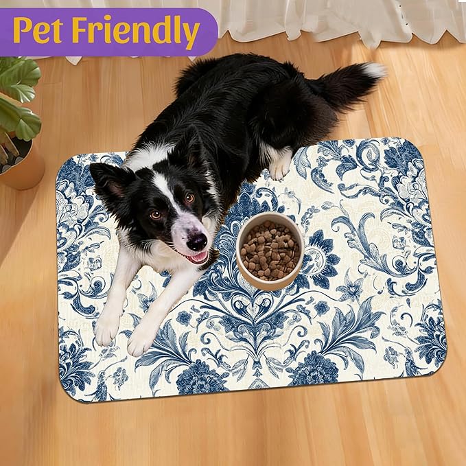Vintage Floral Paisley Pet Feeding Mat, Absorbent Dog Cat Bowl Pad, Quick Dry, No Stains, Non-Slip Backing – 16x24 Inch