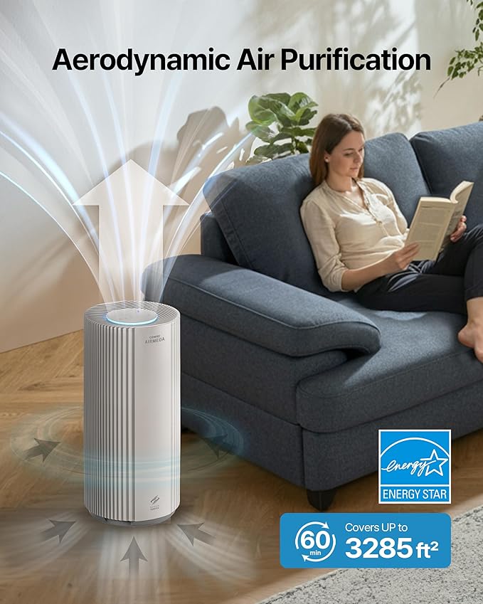 COWAY Air Purifier for Large Room Whole Home Up to 3,285 ft², HEPA Filter for Smoke, Allergen, Pet Dander, Odor, PM(1, 2.5, 10), AQI, Turbo Eco Mode, Energy Star, 3yr Warranty, Airmega 450 Beige