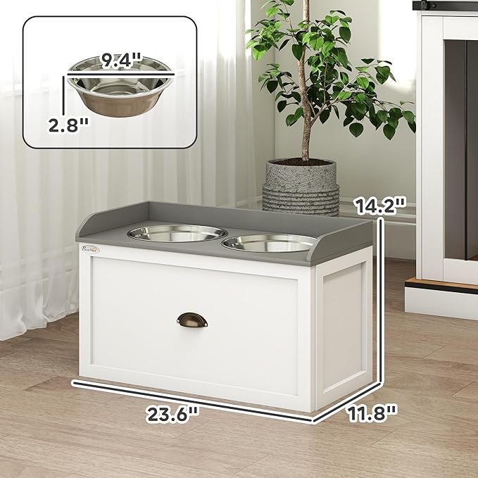 PawHut Large Elevated Dog Bowls with Storage Drawer Containing 21L Capacity, Raised Pet Feeding Station 2 Stainless Steel Grey,White