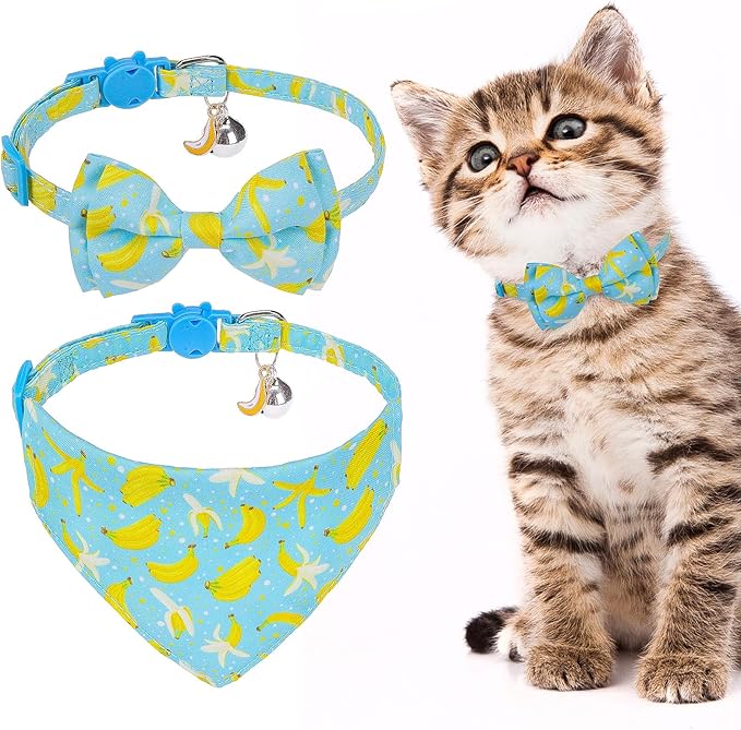 EXPAWLORER Cute Cat Collar Breakaway with Bells - 2 Pack Fruit Adjustable Pet Collar with Removable Bow Tie and Bandana, Safety Buckle for Girl Boy Cats Kitten, Banana