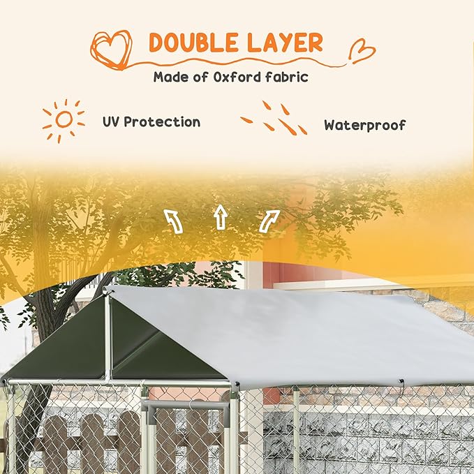 PawHut Outdoor Dog Kennel, Heavy Duty Dog Run Outdoor Fence with Waterproof Cover, Galvanized Chain Link, Secure Lock, for Large Breeds, Chickens, Ducks, 6.5' x 6.5' x 7.8'