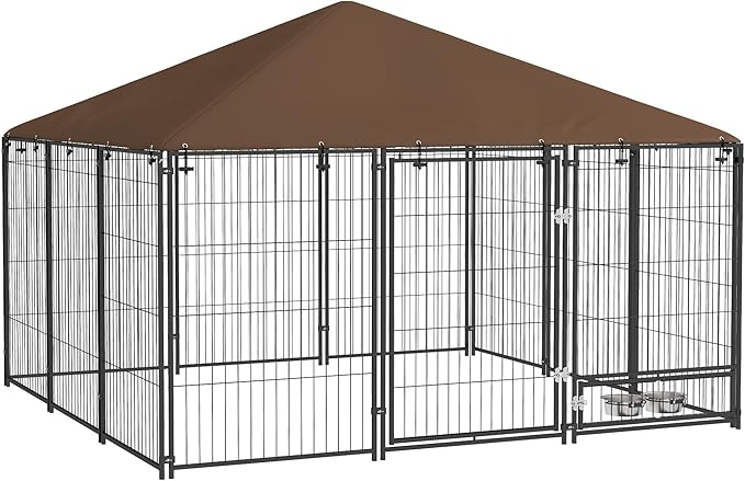 PawHut Outside Dog Kennel, 7' x 7' x 5' Puppy Play Pen with Canopy, Garden Playpen Fence Crate Enclosure Cage Rotating Bowl, for Dogs, Chickens, Ducks, Black