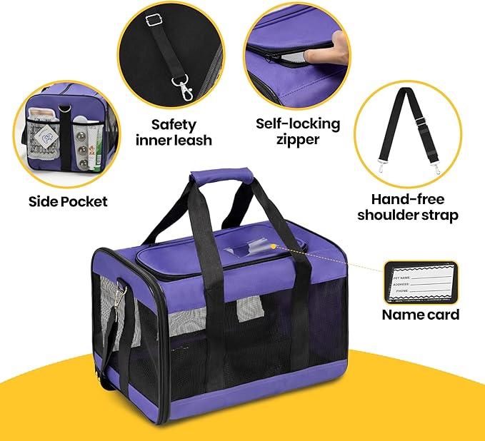 Cat Carrier Airline Approved, Soft-Sided Dog Carrier with Inner Safety Leash, Pet Transport Carrier for Small-Medium Cats Puppies up to 15 Lbs, Collapsible Travel Kitten Carrier Bag -Purple M