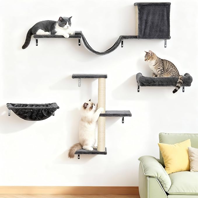 Heavy Duty Cat Wall Shelves for Indoor Cats Large Adult, 17'' Large Hammock and Perch Bed for Wall, 5-in-1 Wall-Mounted Cat Climbing Set for Multi-Room Use