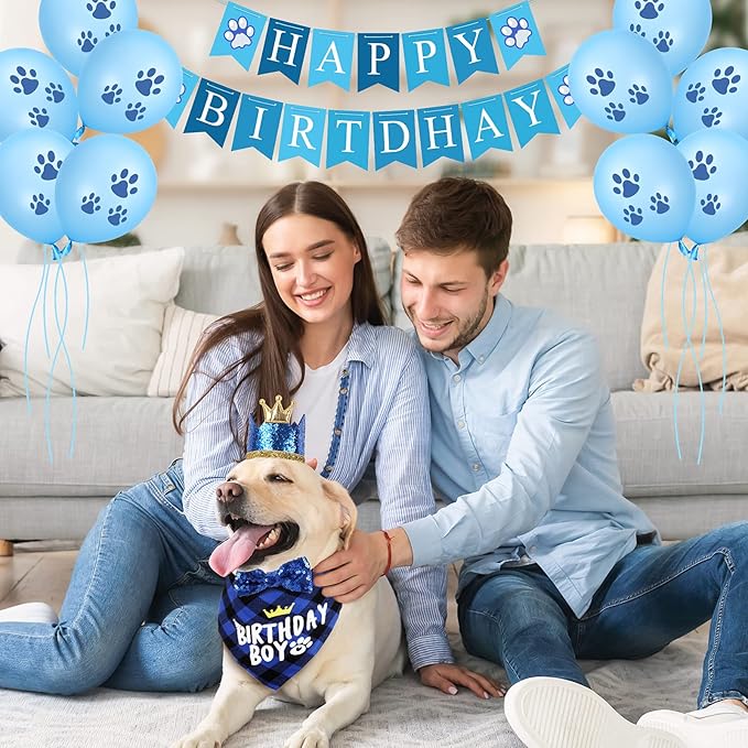 Dog Birthday Party Supplies, Dog Birthday Hat Bandana Scarf with Cute Bow Tie, Flag, Balloons for Small Medium Dogs Pets, Doggie Party Supplies Decorations