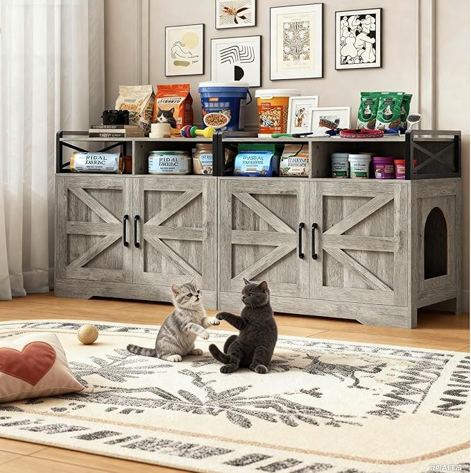 Cat Litter Box Enclosure Furniture - Hidden Litter Box Cabinet with Scratch Pad & Odor Control | Farmhouse Style End Table for Cats | Discreet Cat Washroom for Living Room & Bedroom Grey