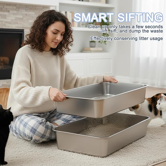 Teheao Stainless Steel Sifting Cat Litter Box for Clumping Litter, XL Extra Large Metal Sifter Tray Pan with Cat Litter Bag, Low Dust, Odor Control, Easy Cleaning (19.7"*13.8"*5.9")